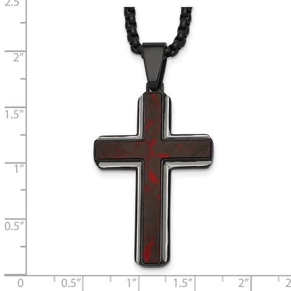Stainless Steel Polished Blk IP Blk/Red Forged Carbon Fiber Cross Necklace