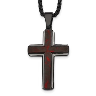 Stainless Steel Polished Blk IP Blk/Red Forged Carbon Fiber Cross Necklace