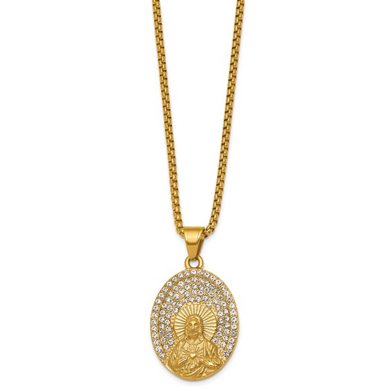 Stainless Steel Polished Yellow IP Crystal Sacred Heart Jesus 24in Necklace