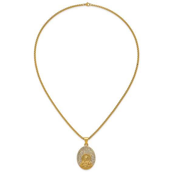 Stainless Steel Polished Yellow IP Crystal Sacred Heart Jesus 24in Necklace