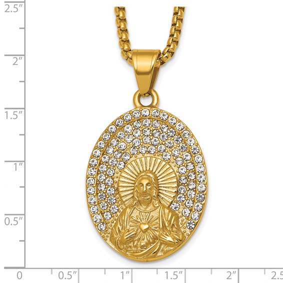 Stainless Steel Polished Yellow IP Crystal Sacred Heart Jesus 24in Necklace