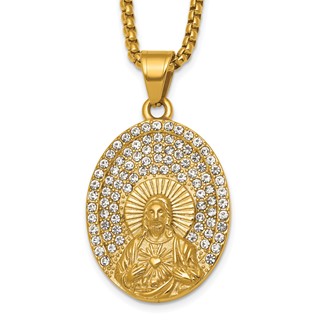 Stainless Steel Polished Yellow IP Crystal Sacred Heart Jesus 24in Necklace