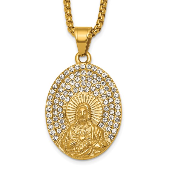 Stainless Steel Polished Yellow IP Crystal Sacred Heart Jesus 24in Necklace