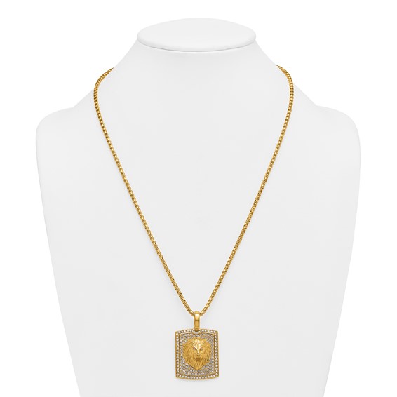 Stainless Steel Polished Yellow IP Lion on Crystal Dog Tag 24in Necklace