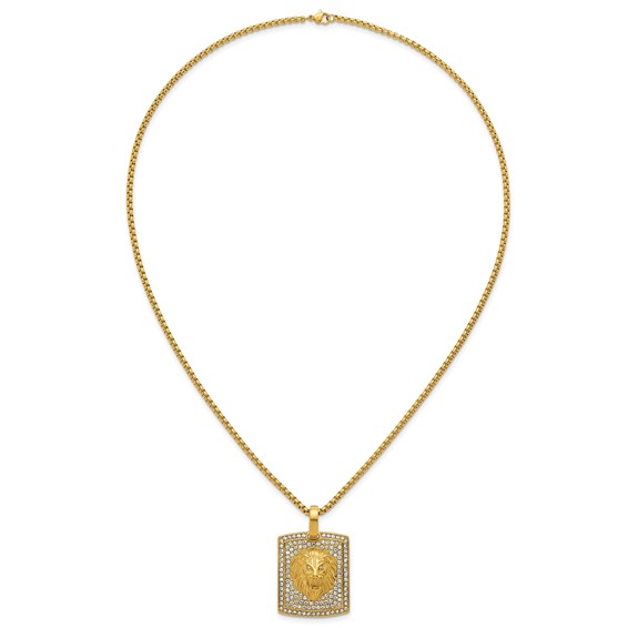 Stainless Steel Polished Yellow IP Lion on Crystal Dog Tag 24in Necklace