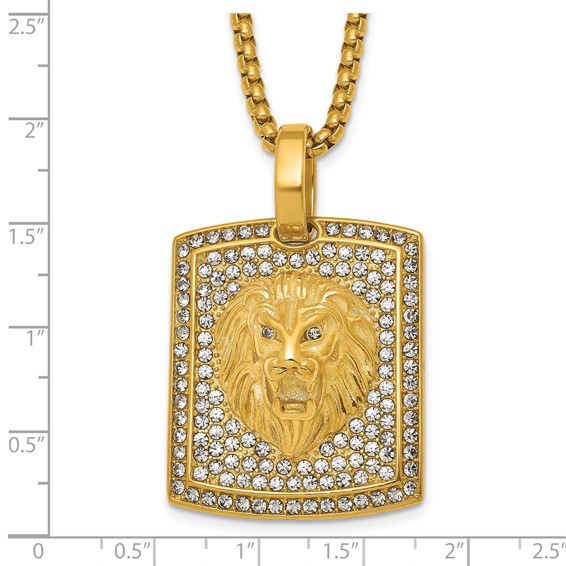 Stainless Steel Polished Yellow IP Lion on Crystal Dog Tag 24in Necklace