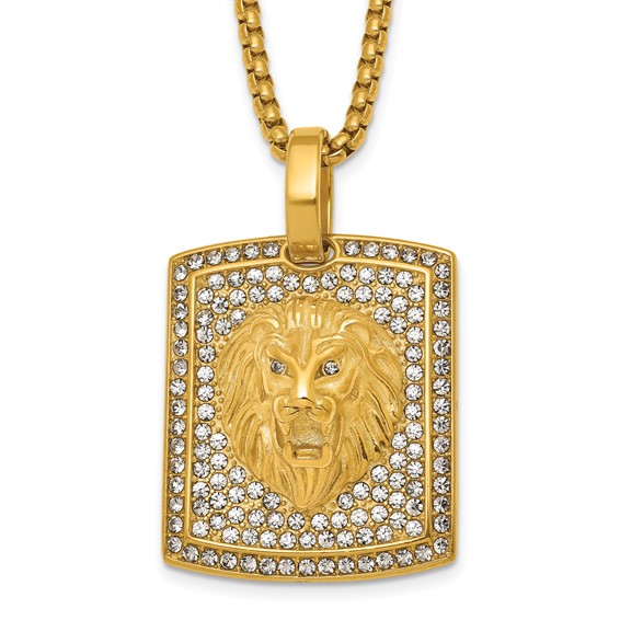 Stainless Steel Polished Yellow IP Lion on Crystal Dog Tag 24in Necklace