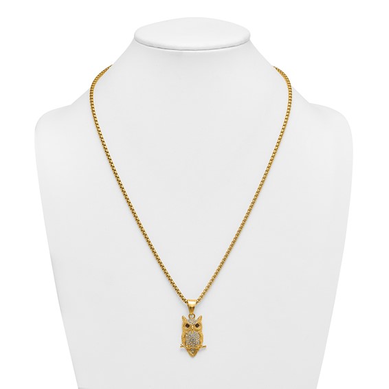 Stainless Steel Polished Yellow IP-plated Crystal Owl 24in Necklace