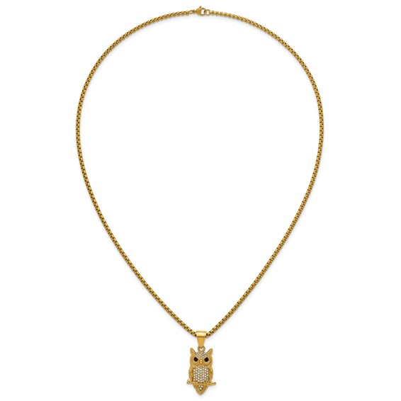 Stainless Steel Polished Yellow IP-plated Crystal Owl 24in Necklace