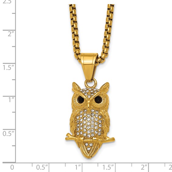 Stainless Steel Polished Yellow IP-plated Crystal Owl 24in Necklace
