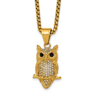 Stainless Steel Polished Yellow IP-plated Crystal Owl 24in Necklace