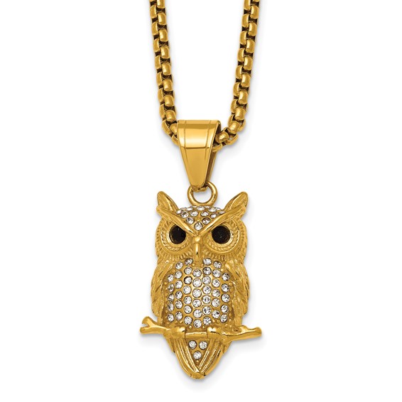 Stainless Steel Polished Yellow IP-plated Crystal Owl 24in Necklace
