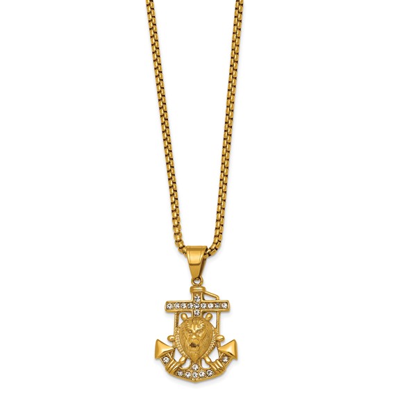 Stainless Steel Polished Yellow IP Crystal Anchor and Lion 24in Necklace