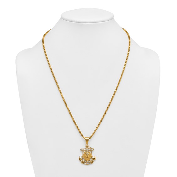 Stainless Steel Polished Yellow IP Crystal Anchor and Lion 24in Necklace