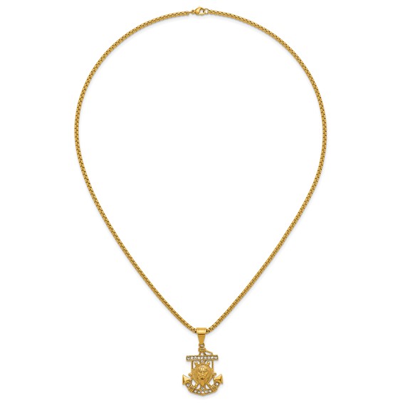 Stainless Steel Polished Yellow IP Crystal Anchor and Lion 24in Necklace