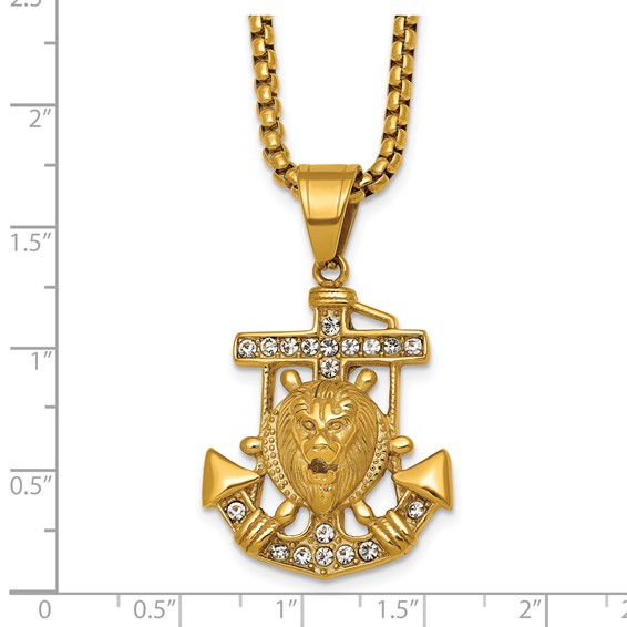 Stainless Steel Polished Yellow IP Crystal Anchor and Lion 24in Necklace