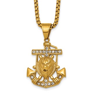 Stainless Steel Polished Yellow IP Crystal Anchor and Lion 24in Necklace