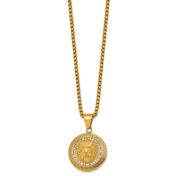 Stainless Steel Polished Yellow IP Lion on Greek Key Crystal Back Necklace