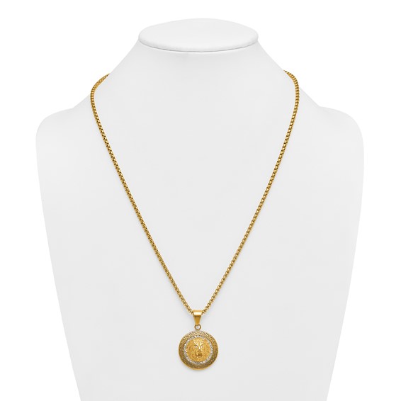 Stainless Steel Polished Yellow IP Lion on Greek Key Crystal Back Necklace
