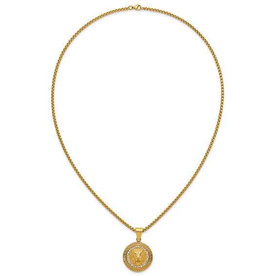 Stainless Steel Polished Yellow IP Lion on Greek Key Crystal Back Necklace