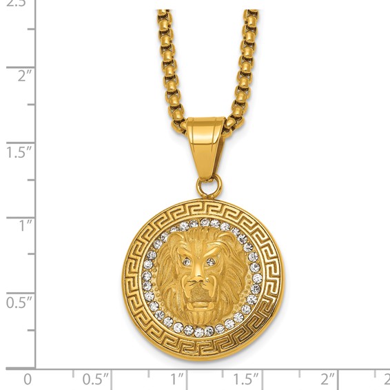 Stainless Steel Polished Yellow IP Lion on Greek Key Crystal Back Necklace