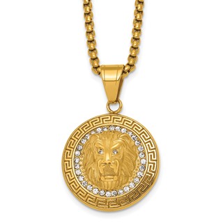Stainless Steel Polished Yellow IP Lion on Greek Key Crystal Back Necklace