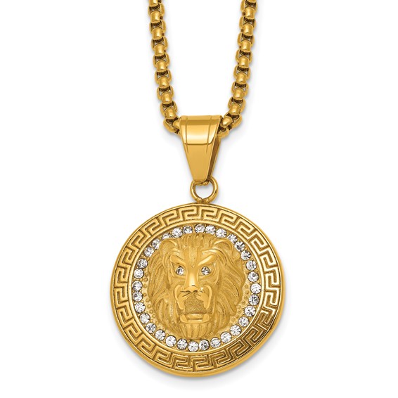 Stainless Steel Polished Yellow IP Lion on Greek Key Crystal Back Necklace