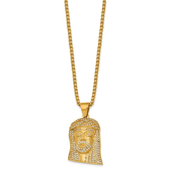 Stainless Steel Polished Yellow IP-plated Crystal Jesus  24in Necklace