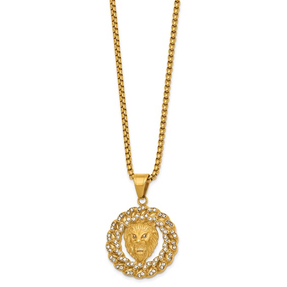 Stainless Steel Polished Yellow IP Lion Head & Crystal Wreath 24in Necklace