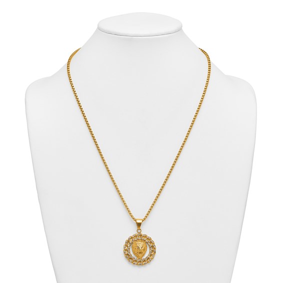 Stainless Steel Polished Yellow IP Lion Head & Crystal Wreath 24in Necklace