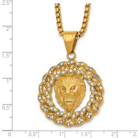Stainless Steel Polished Yellow IP Lion Head & Crystal Wreath 24in Necklace