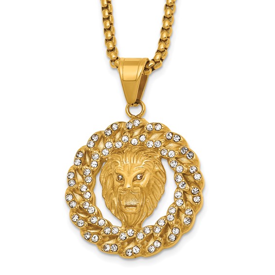 Stainless Steel Polished Yellow IP Lion Head & Crystal Wreath 24in Necklace