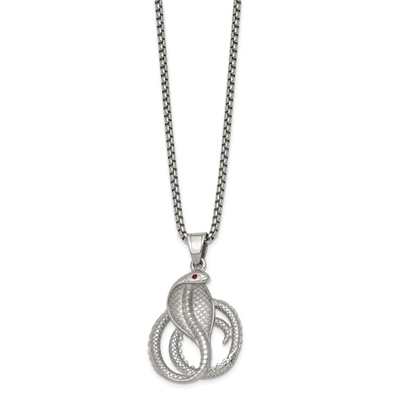 Stainless Steel Polished  Red Crystal Eyed Snake 24in Necklace