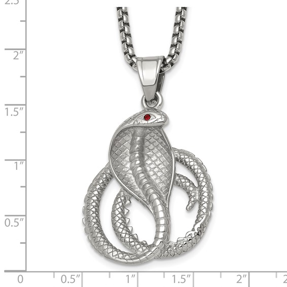 Stainless Steel Polished  Red Crystal Eyed Snake 24in Necklace