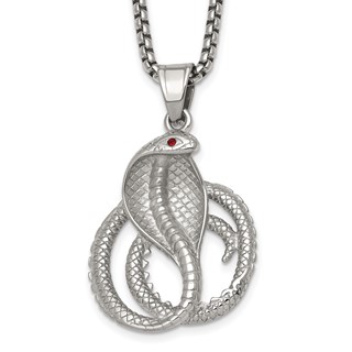 Stainless Steel Polished  Red Crystal Eyed Snake 24in Necklace