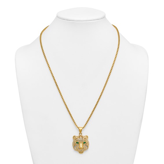 Stainless Steel Polished Yellow IP White/Green Crystal Tiger 24in Necklace