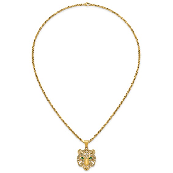 Stainless Steel Polished Yellow IP White/Green Crystal Tiger 24in Necklace