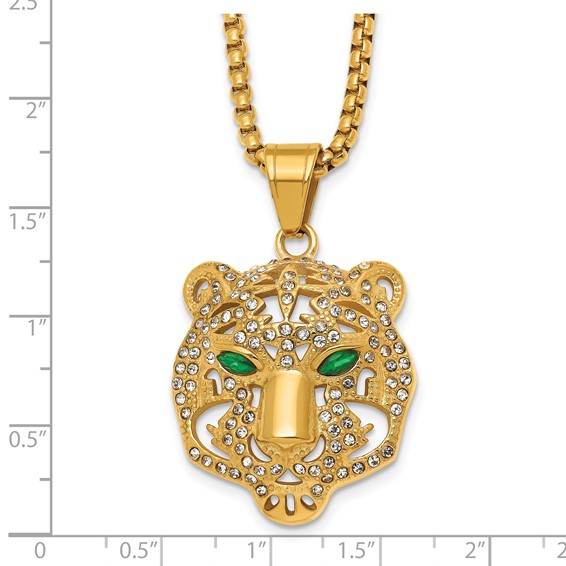 Stainless Steel Polished Yellow IP White/Green Crystal Tiger 24in Necklace