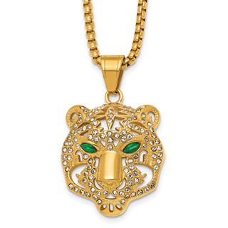 Stainless Steel Polished Yellow IP White/Green Crystal Tiger 24in Necklace