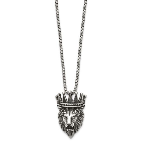 Stainless Steel Antiqued Polished w/Crystal Crowned Lion Head 24in Necklace