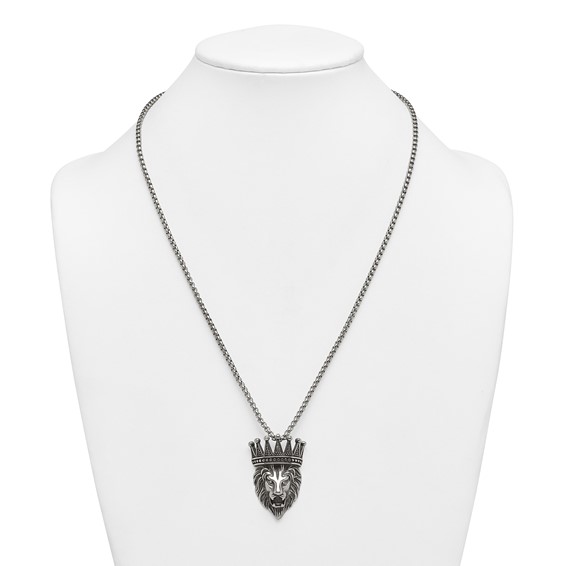 Stainless Steel Antiqued Polished w/Crystal Crowned Lion Head 24in Necklace