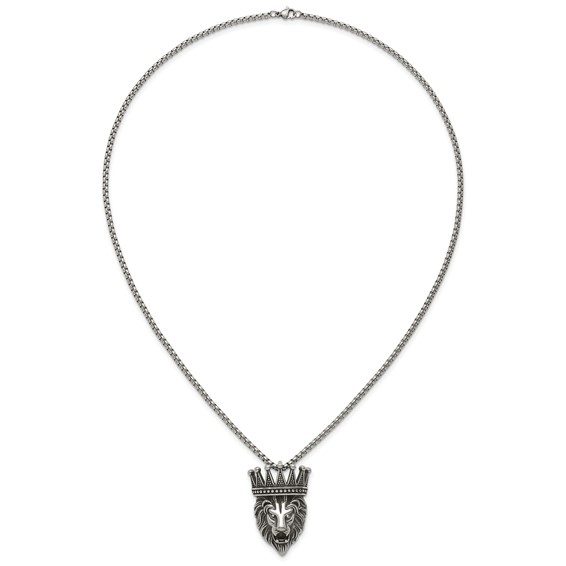 Stainless Steel Antiqued Polished w/Crystal Crowned Lion Head 24in Necklace