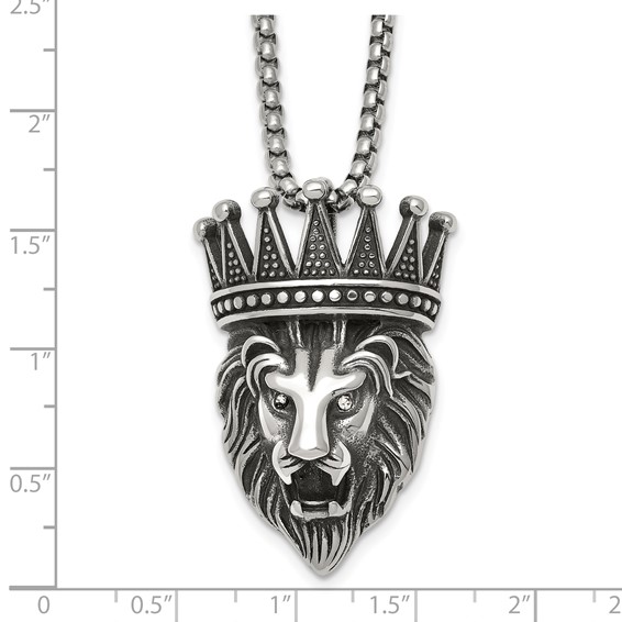 Stainless Steel Antiqued Polished w/Crystal Crowned Lion Head 24in Necklace