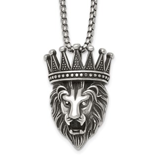 Stainless Steel Antiqued Polished w/Crystal Crowned Lion Head 24in Necklace