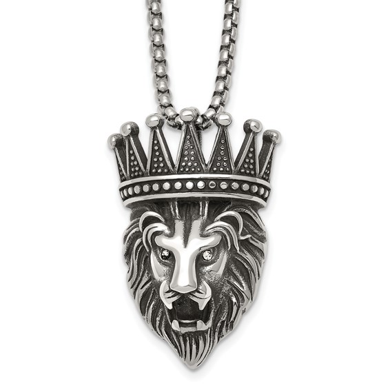 Stainless Steel Antiqued Polished w/Crystal Crowned Lion Head 24in Necklace