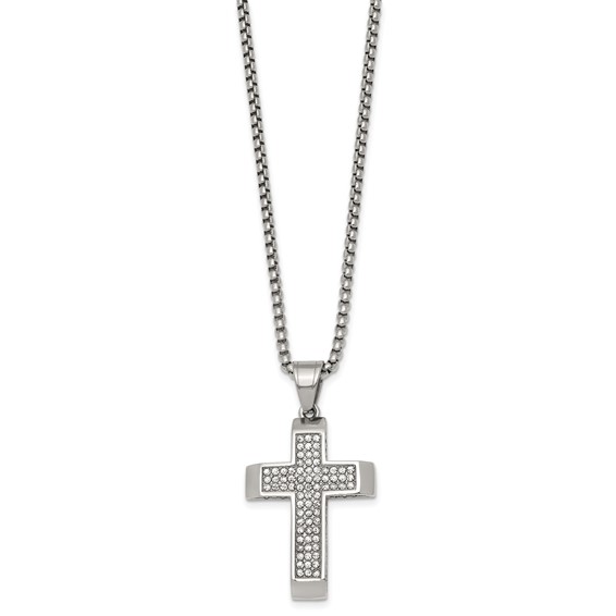 Stainless Steel Polished Crystal Cross 24in Necklace
