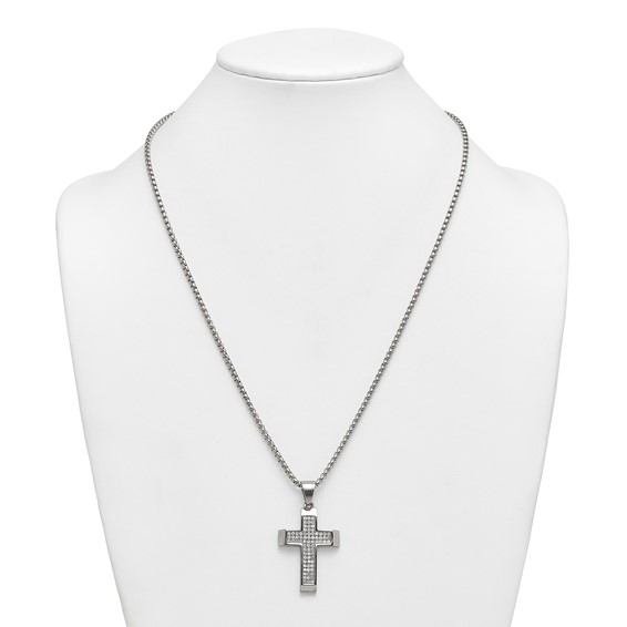Stainless Steel Polished Crystal Cross 24in Necklace