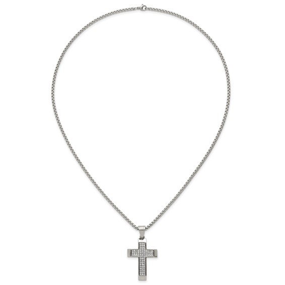 Stainless Steel Polished Crystal Cross 24in Necklace