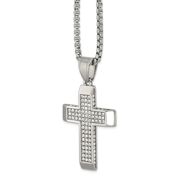 Stainless Steel Polished Crystal Cross 24in Necklace