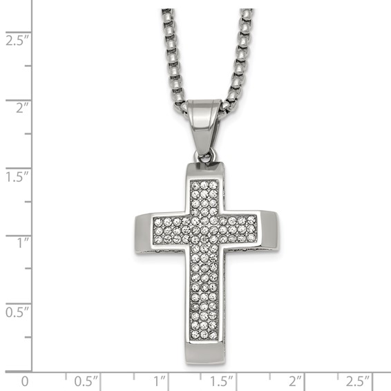 Stainless Steel Polished Crystal Cross 24in Necklace